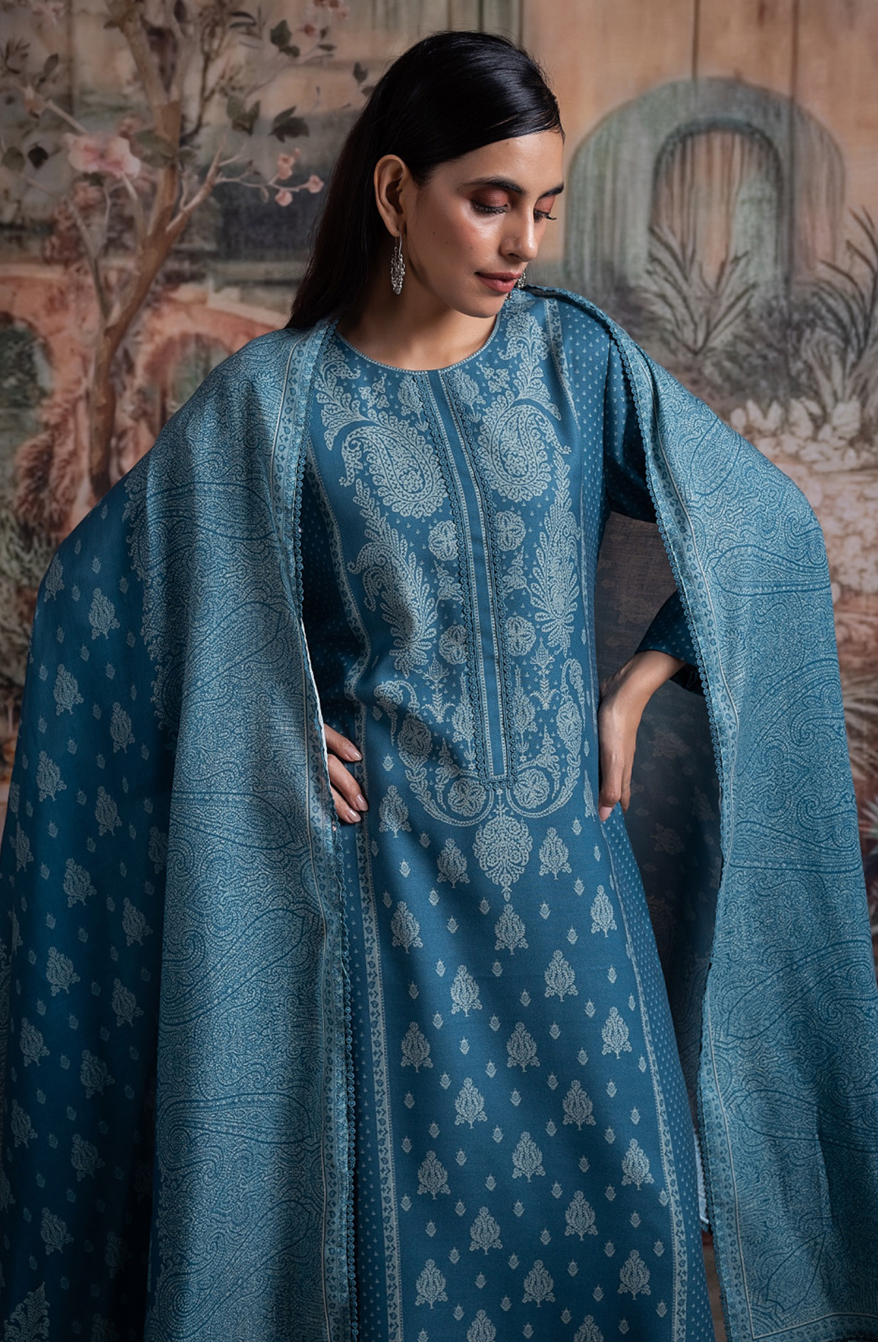 Blue Pashmina Suit set with Pashmina Dupatta- SHA2097B