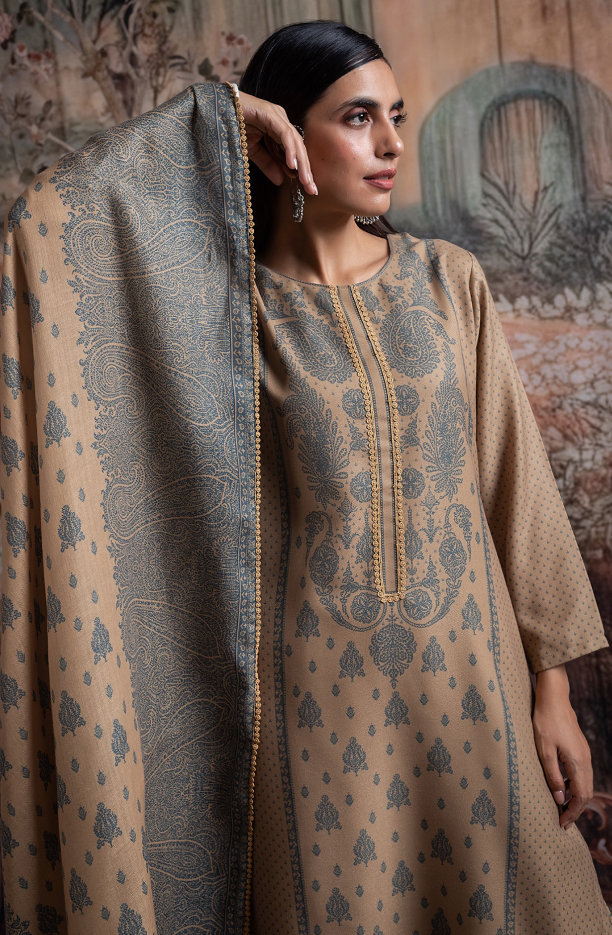 Mustard Pashmina Suit set with Pashmina Dupatta- SHA2097C