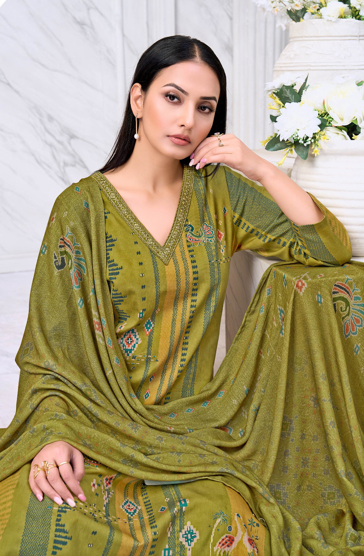 Green pure corduroy Suit set with Dupatta- LAM520