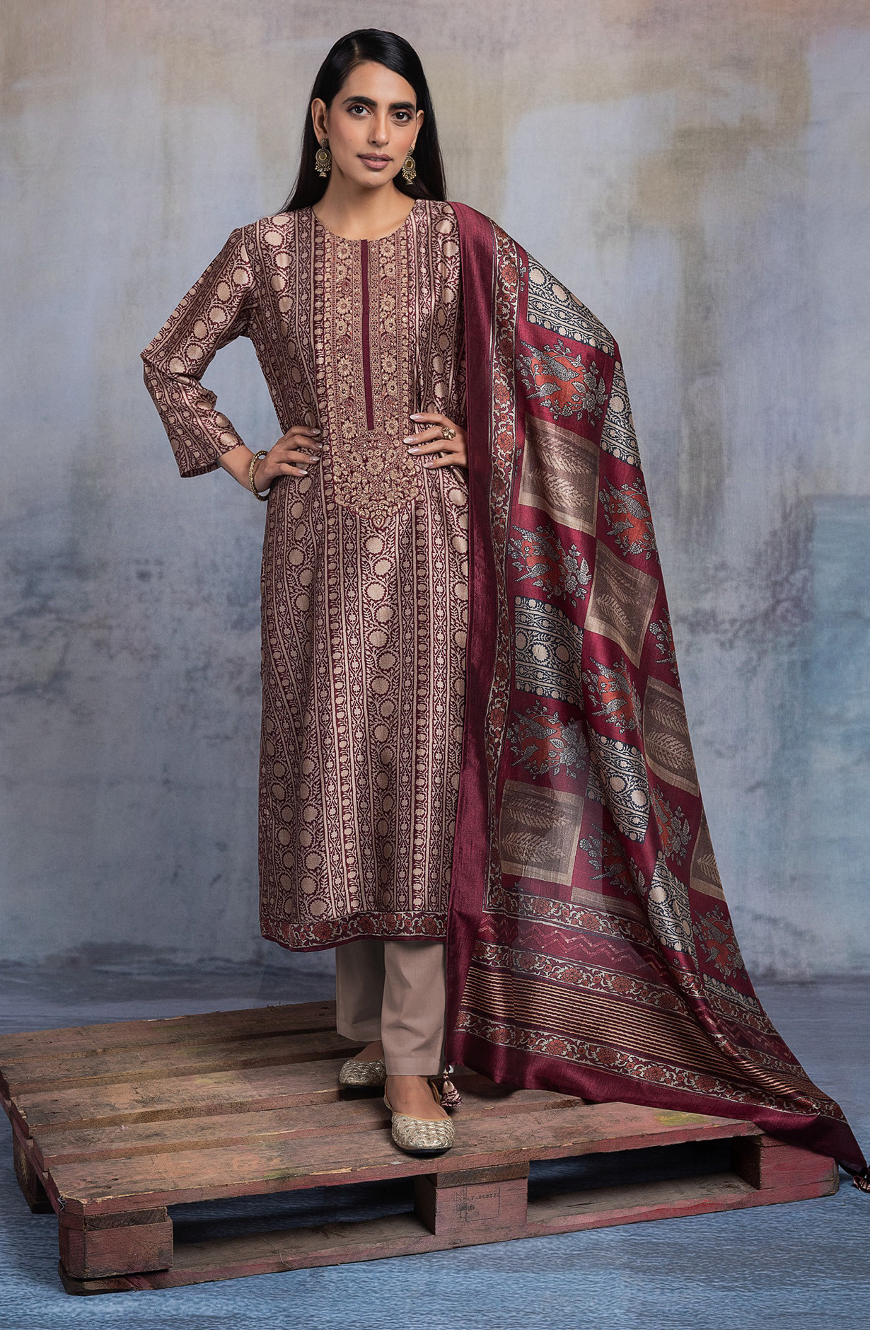 Maroon Silk Embroidered Suit set with Dupatta - R157-SPR2607B