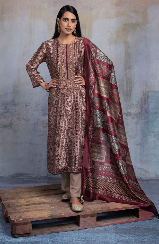 Image of Maroon Silk Embroidered Suit set with Dupatta - R157-SPR2607B