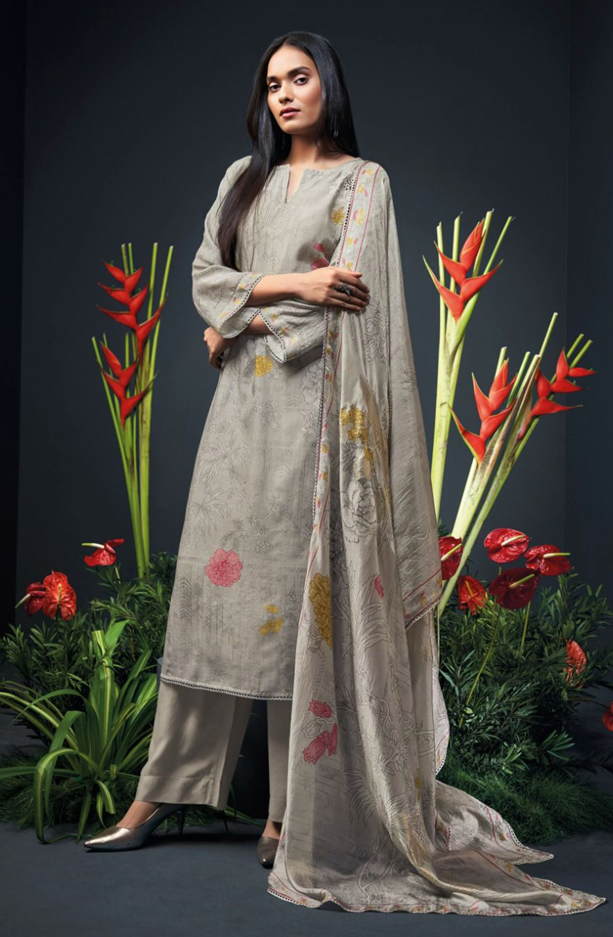 Grey  Silk Suit set with Dupatta- ZAN1690