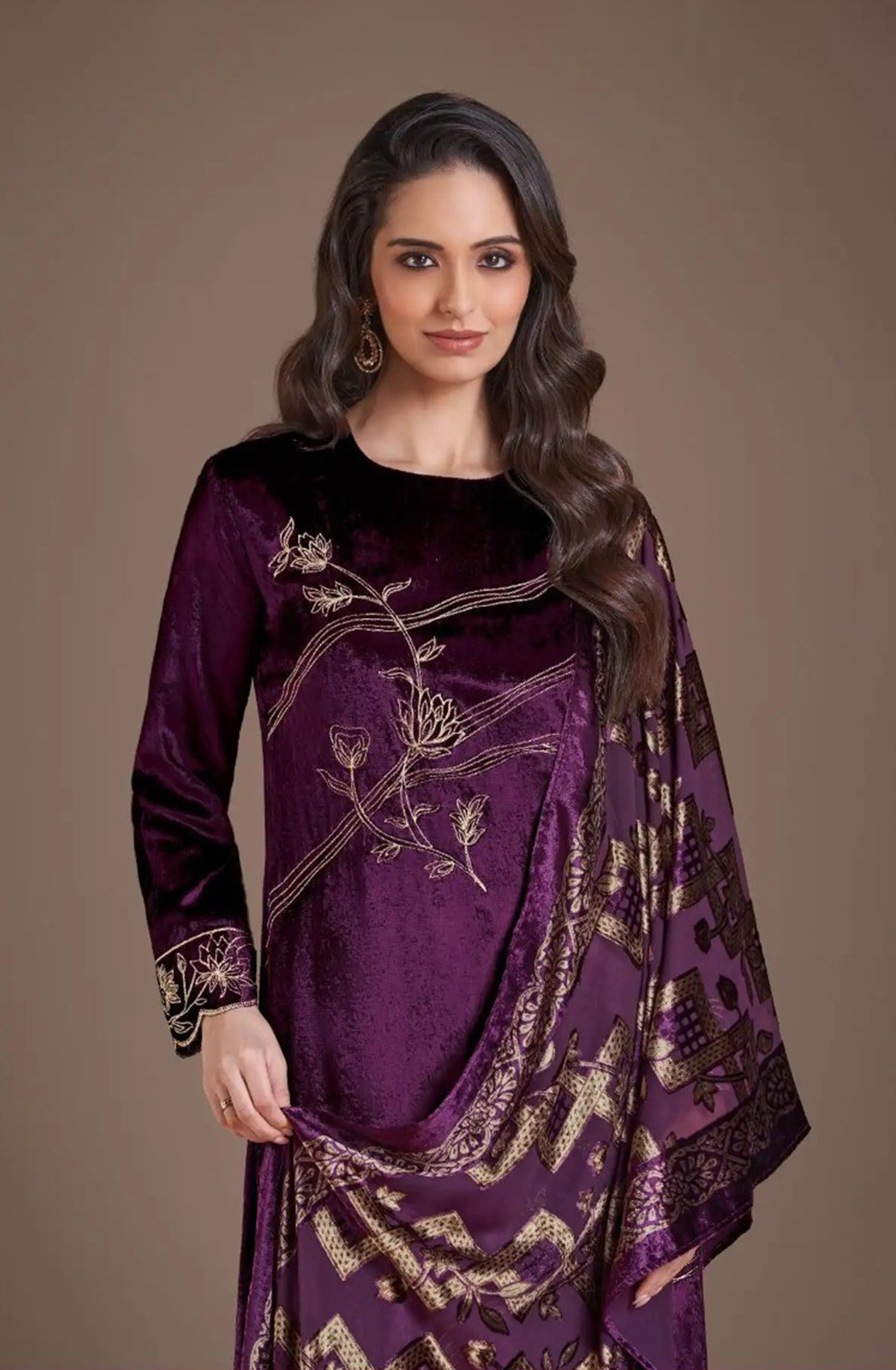 Purple Pure Viscose Velvet Suit with Dupatta - RIT8851D