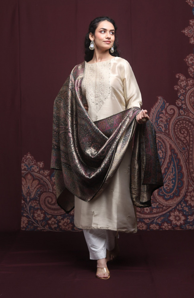 Image of Beige Premium Silk Unstitched Suit Set with Beautiful Dupatta - 131-NAR2602