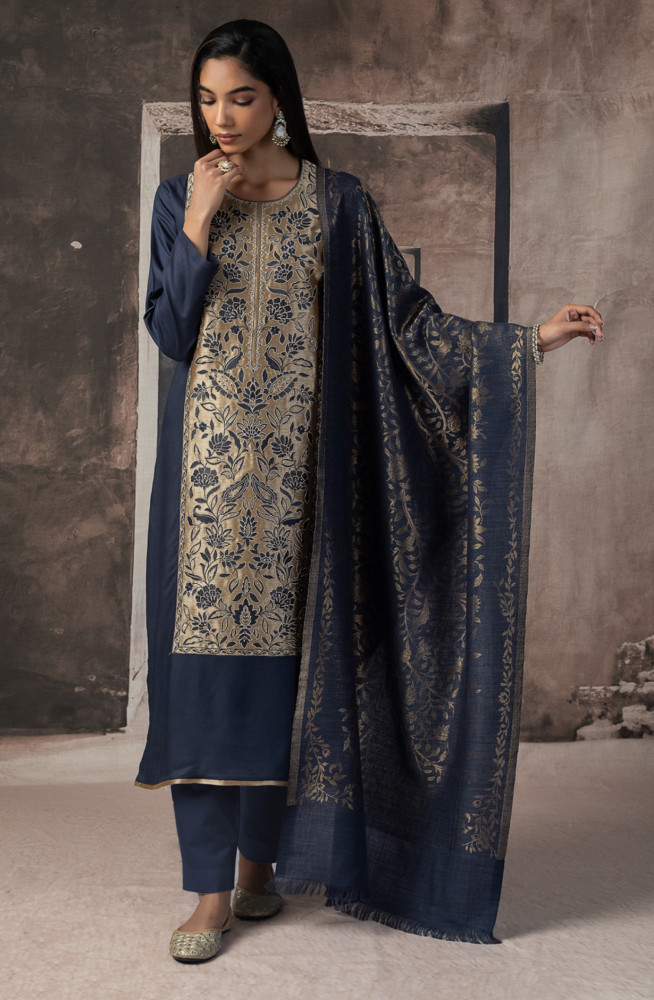 Image of Blue Pashmina Silk Jacquard Suit set with Dupatta- ZOO2156B