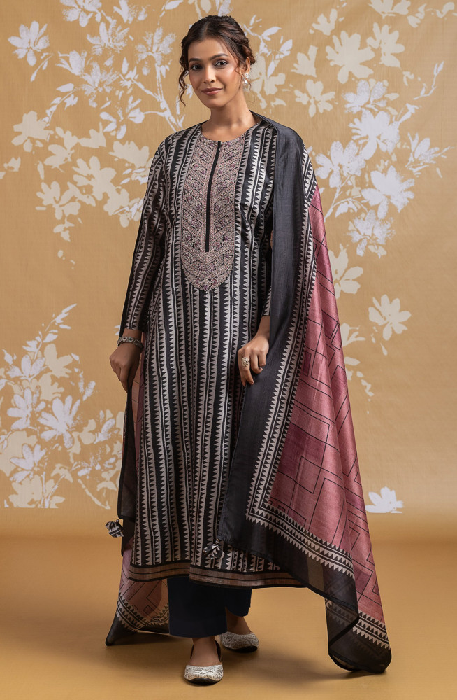 Image of Black Silk Embroidered Suit set with Dupatta - R157-SPR2588A