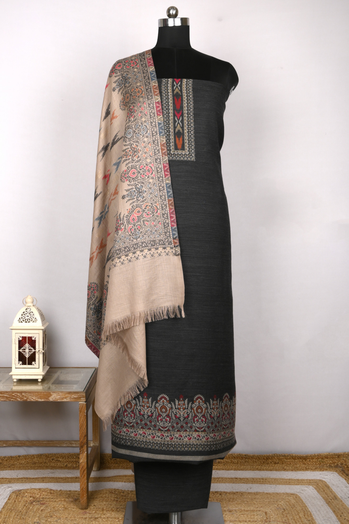 Black Pashmina Suit set with Pashmina Dupatta- PASH1415B