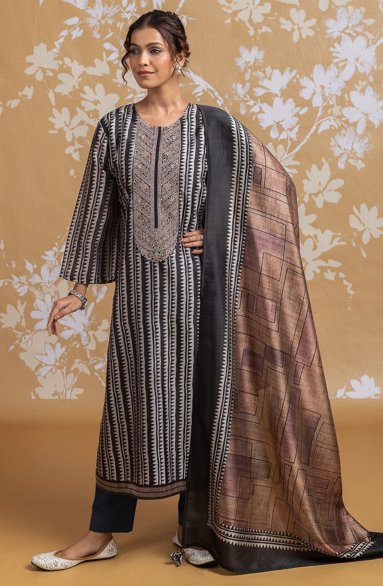 Brown Silk Embroidered Suit set with Dupatta - R157-SPR2588