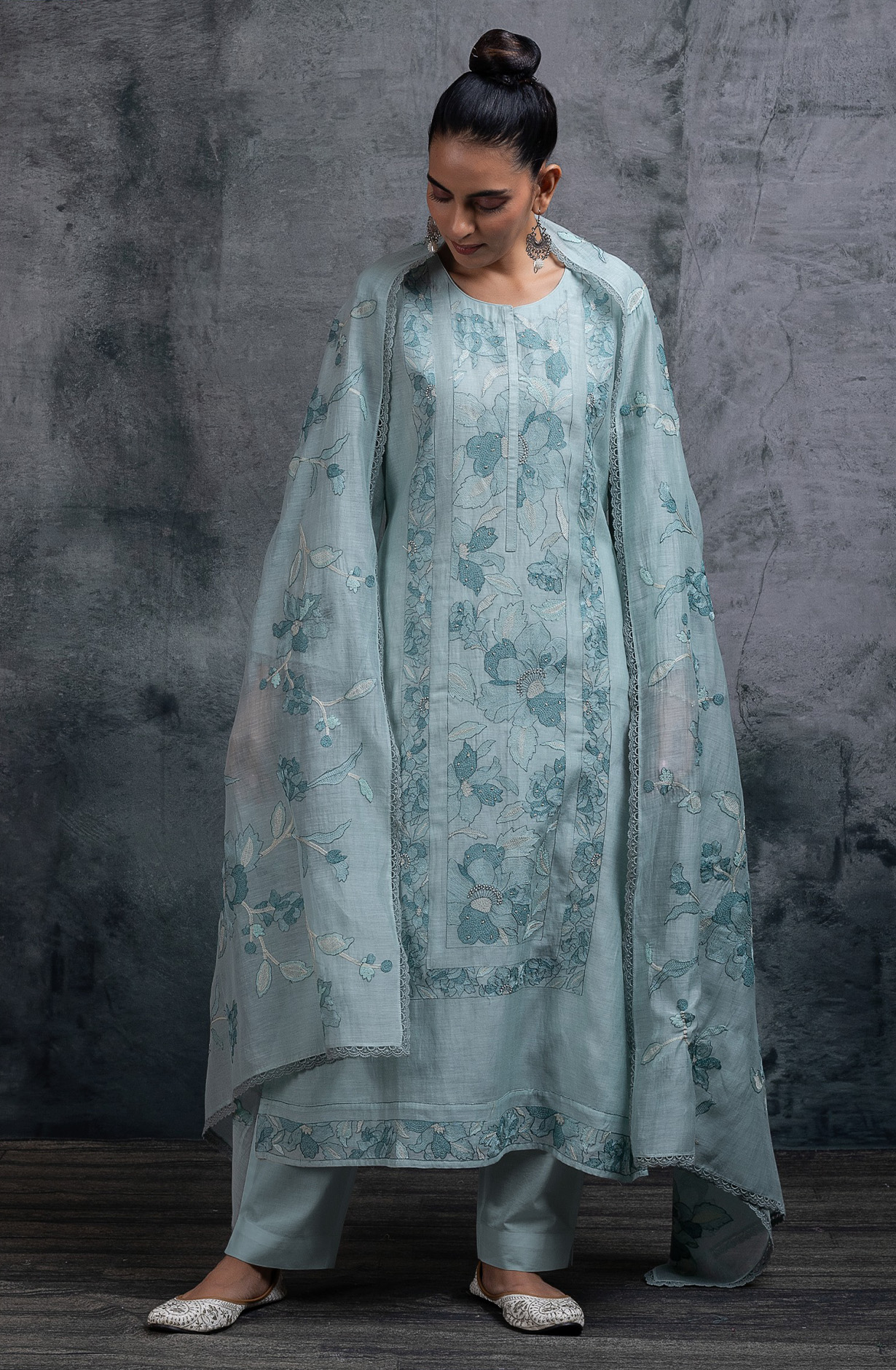 Green Pure mul chanderi embroidered Suit Set with Dupatta - R157-SPR2672