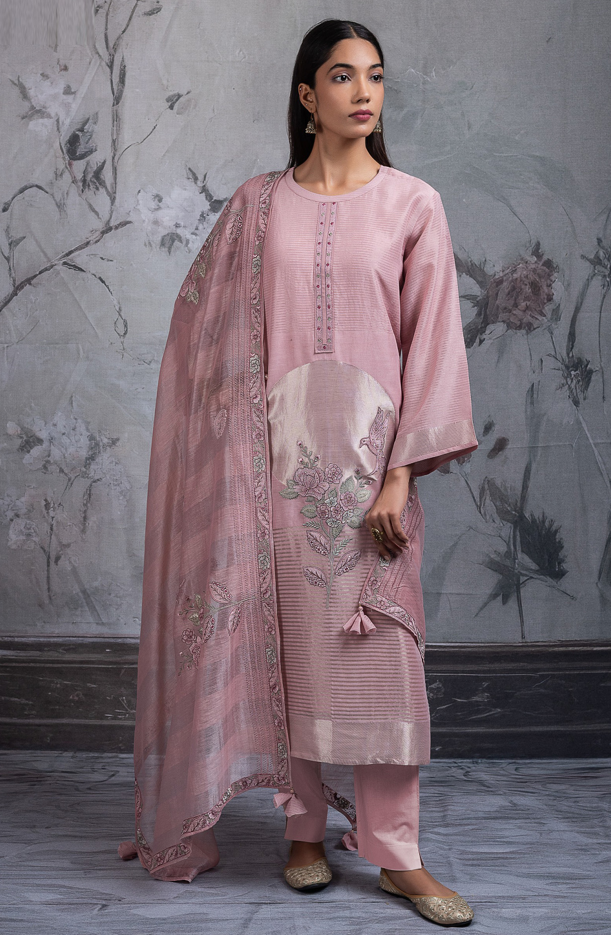 Peach Pure mul chanderi embroidered Suit Set with Dupatta - R157-SPR2697