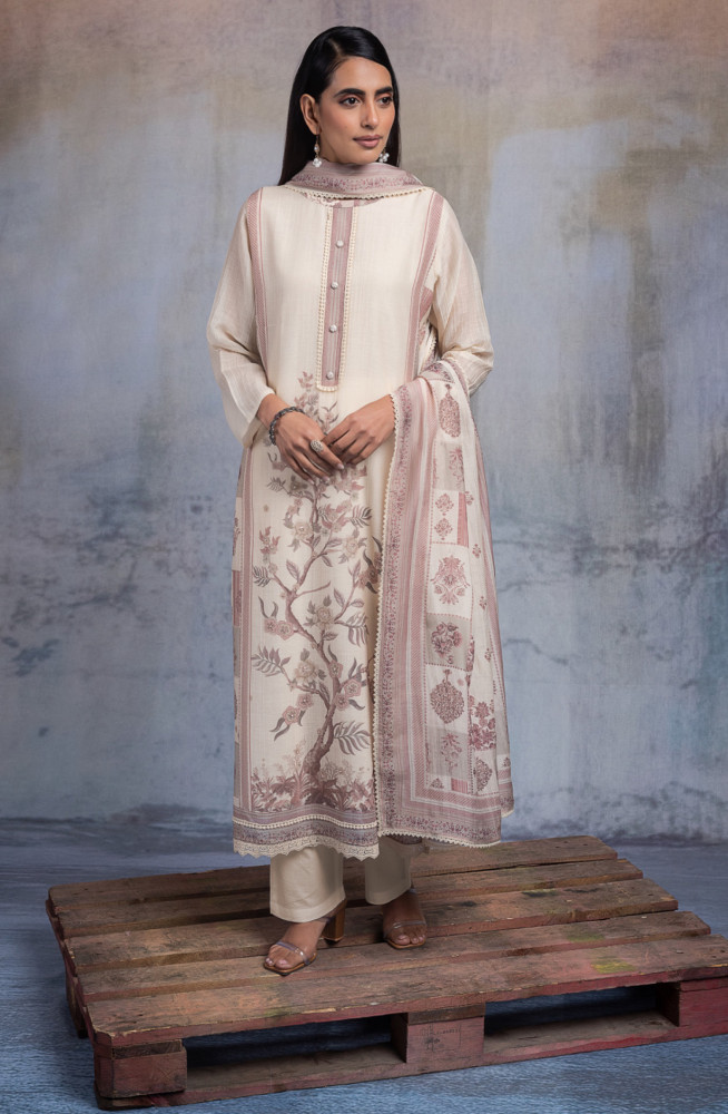 Image of Yellow Pure mulchanderi Unstitched Suit Set with Dupatta - SHAKNT119C