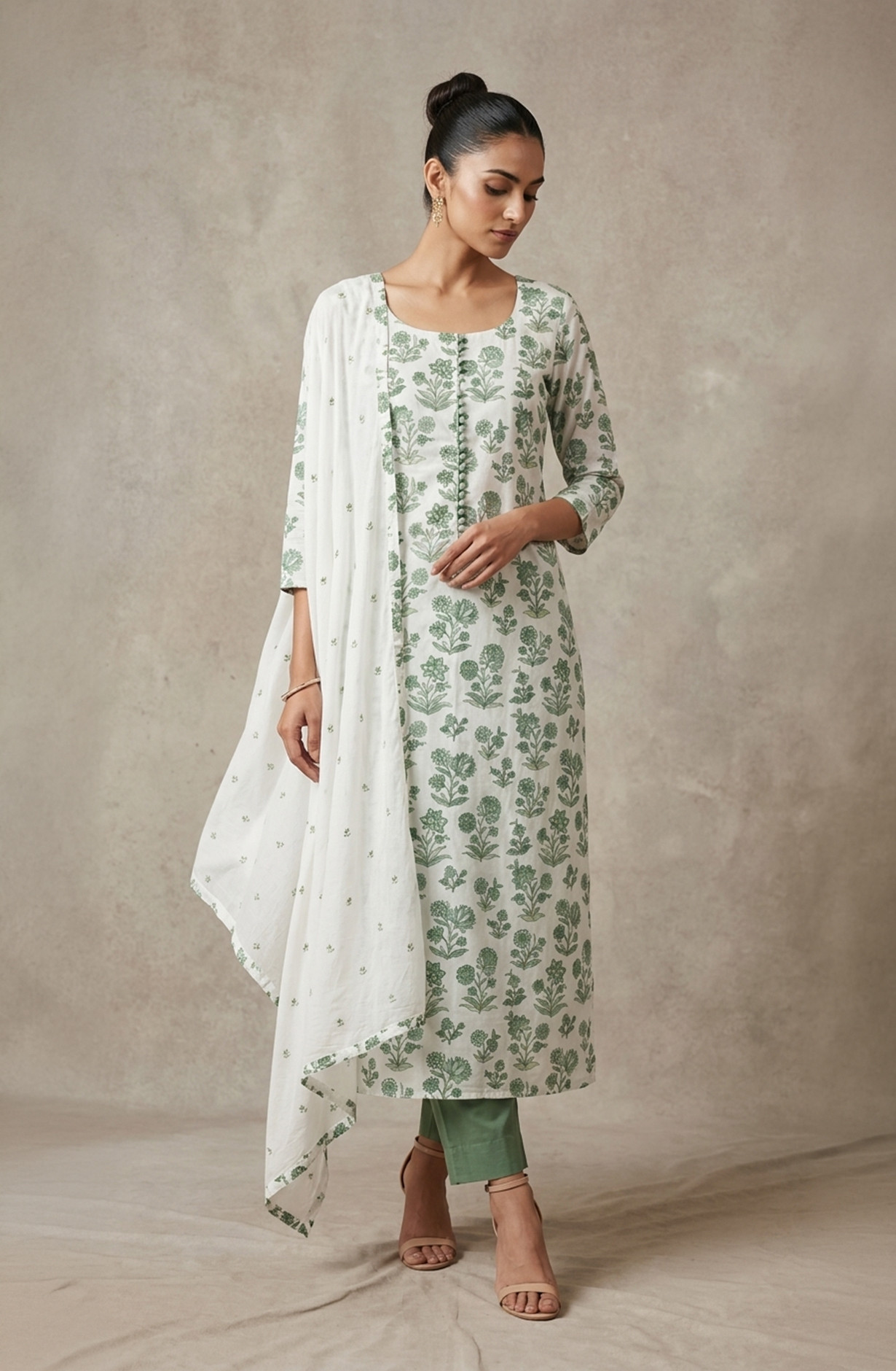 Green Cotton Unstitched Suit Set with Dupatta - 1029-3815