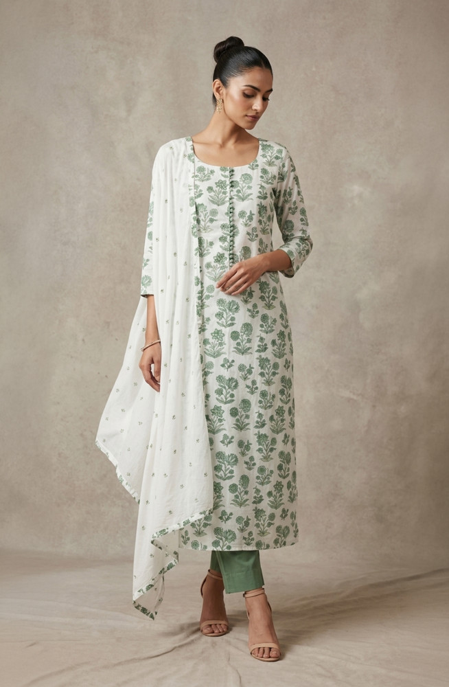 Image of Green Cotton Unstitched Suit Set with Dupatta - 1029-3815
