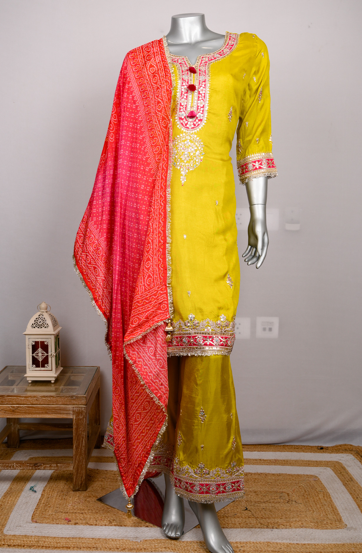 Yellow Satin Stitched Suit Set with Dupatta - 1023-1001