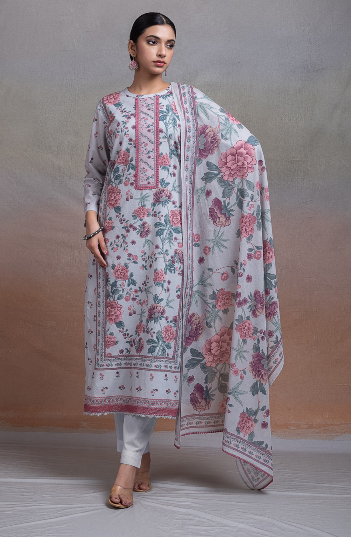 Grey Pure cotton lawn Unstitched Suit Set with Dupatta - TEENT167B