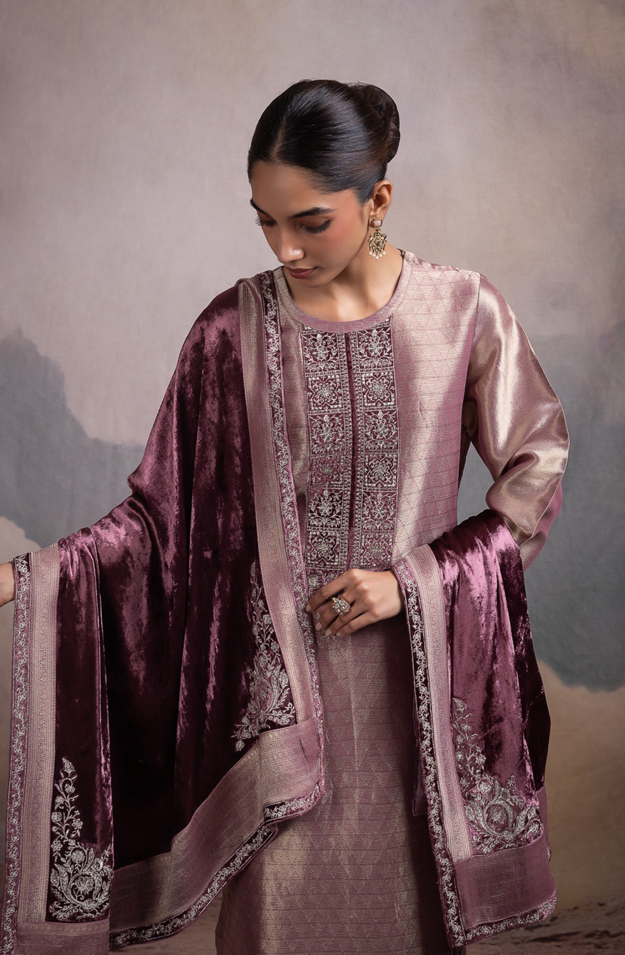 Pink Pure Silk Jacquard Suit Set with Velvet Dupatta - KAN2124A