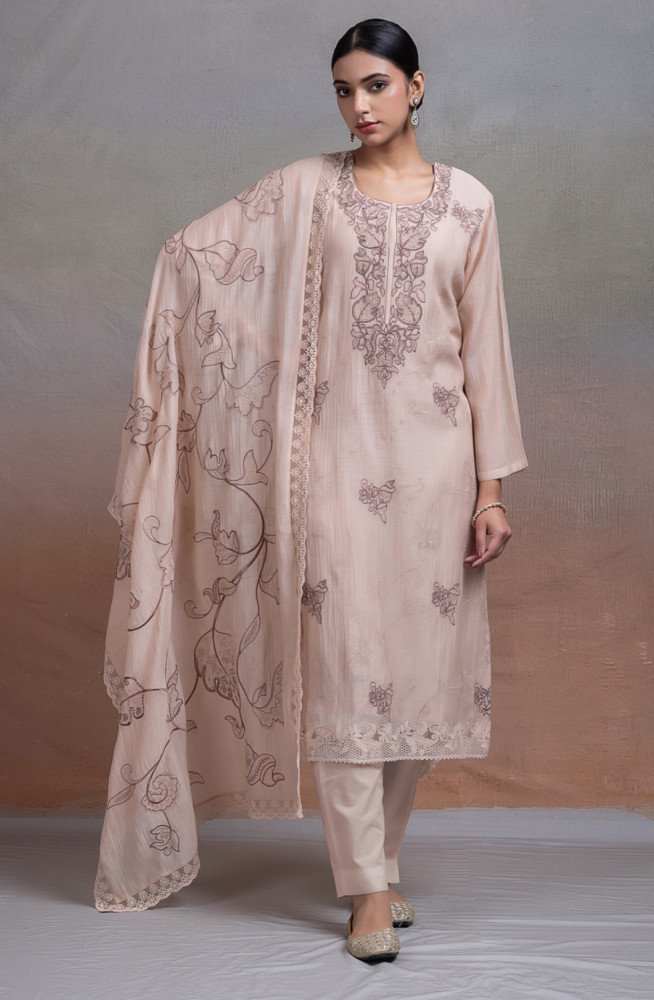 Image of Beige Pure banarasi mul chanderi Suit Set with Dupatta - TOPNSP157A