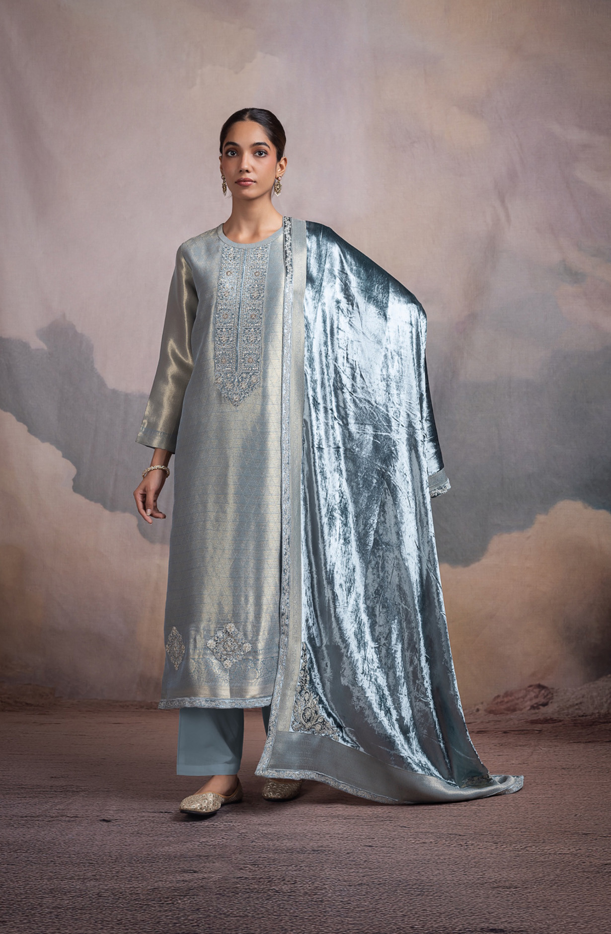 Blue Pure Silk Jacquard Suit Set with Velvet Dupatta - KAN2124C