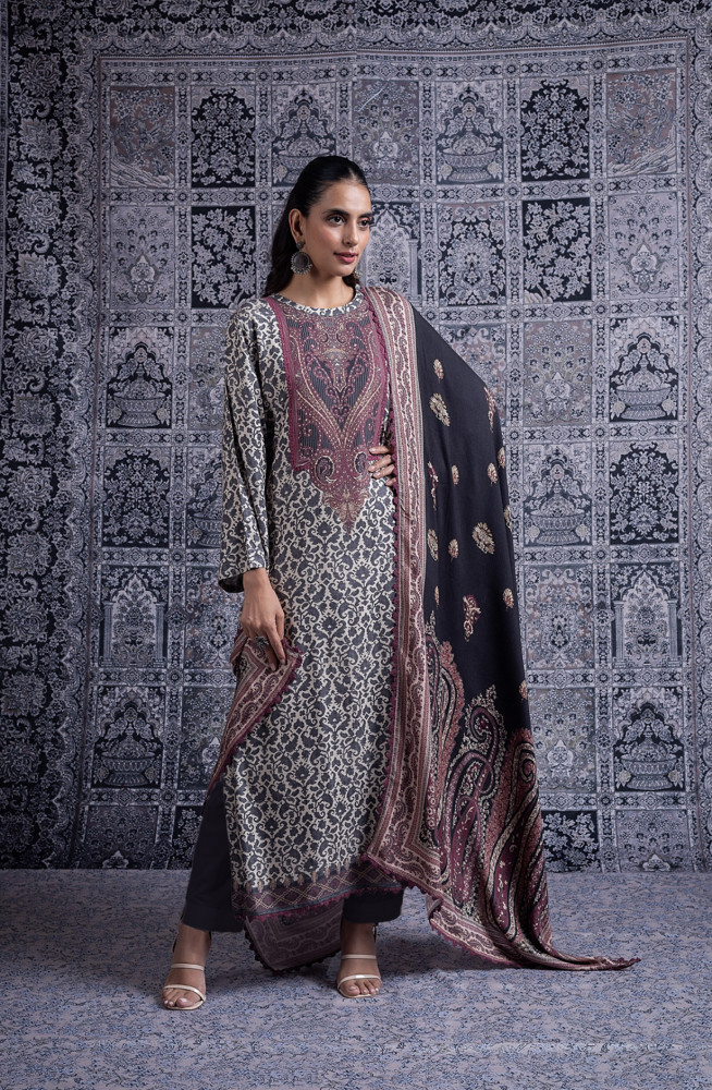 Image of Maroon Pashmina Digital Printed Suit with Pashmina Dupatta - HIB2032A