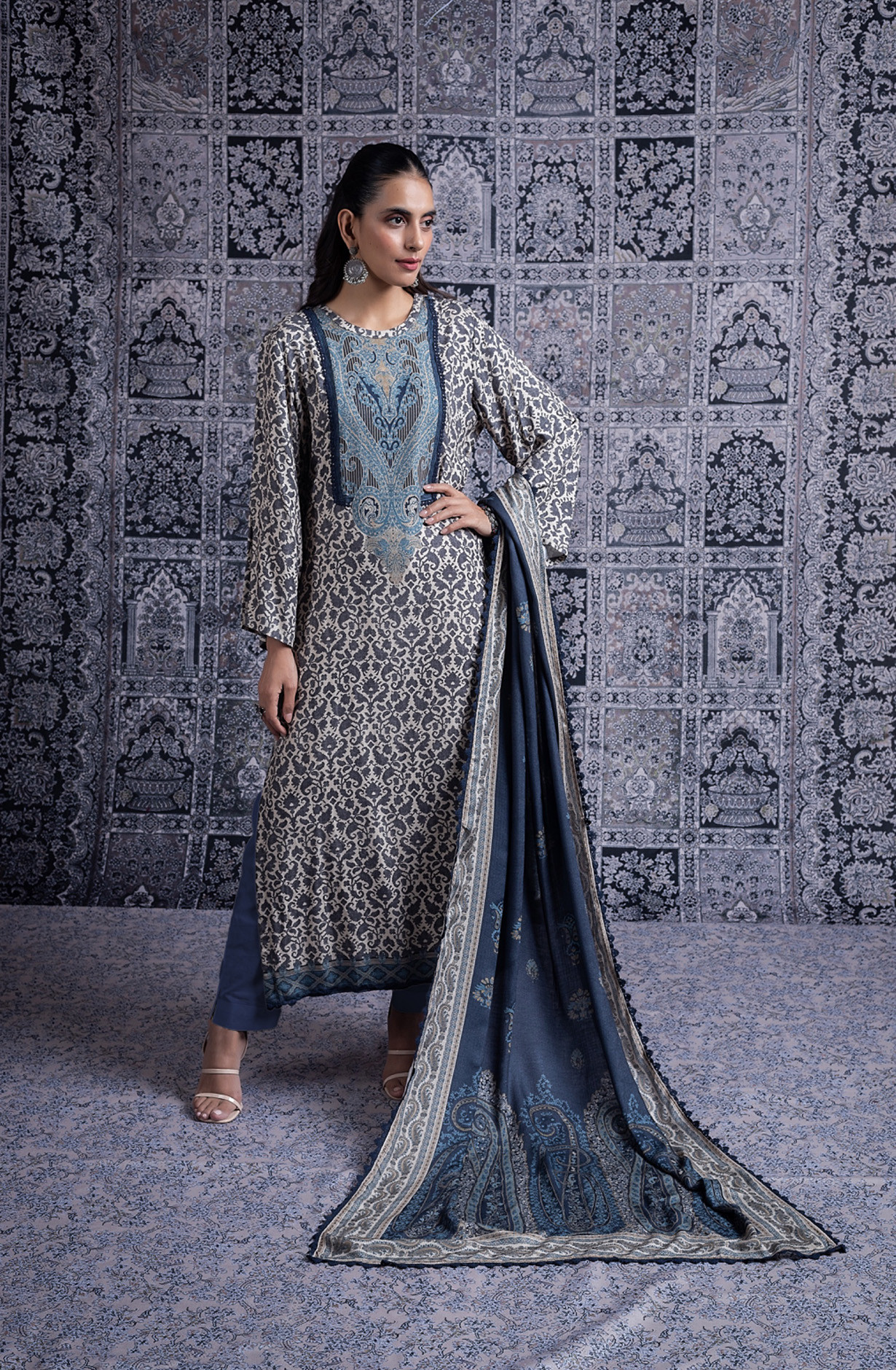 Blue Pashmina Digital Printed Suit with Pashmina Dupatta - HIB2032B