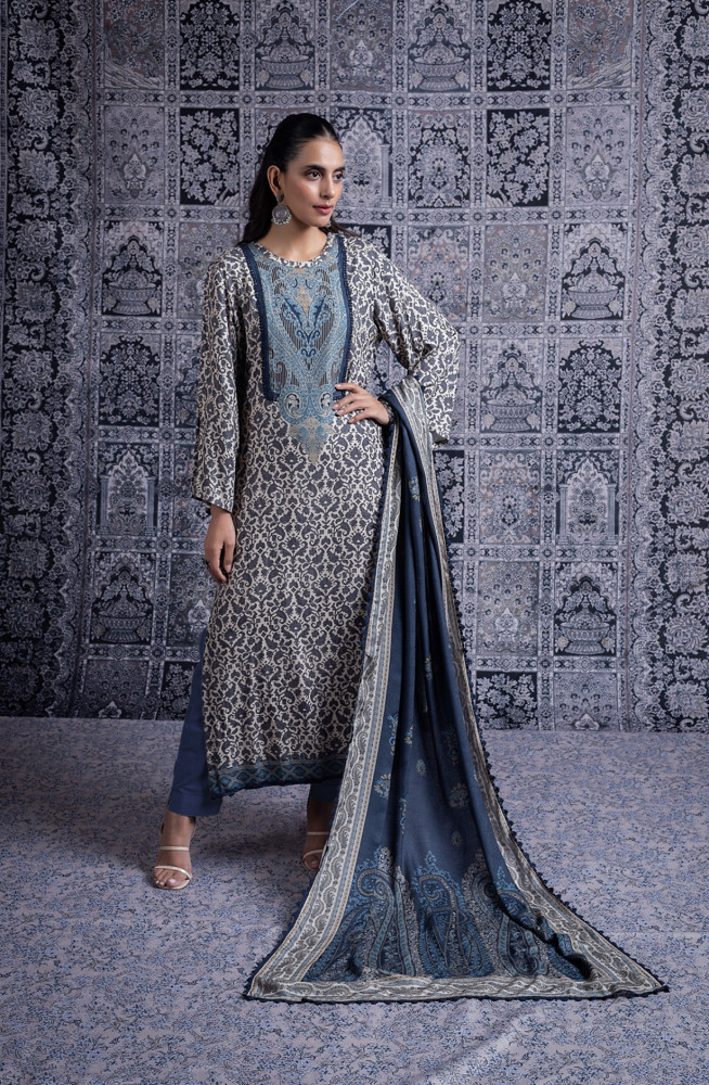 Image of Blue Pashmina Digital Printed Suit with Pashmina Dupatta - HIB2032B