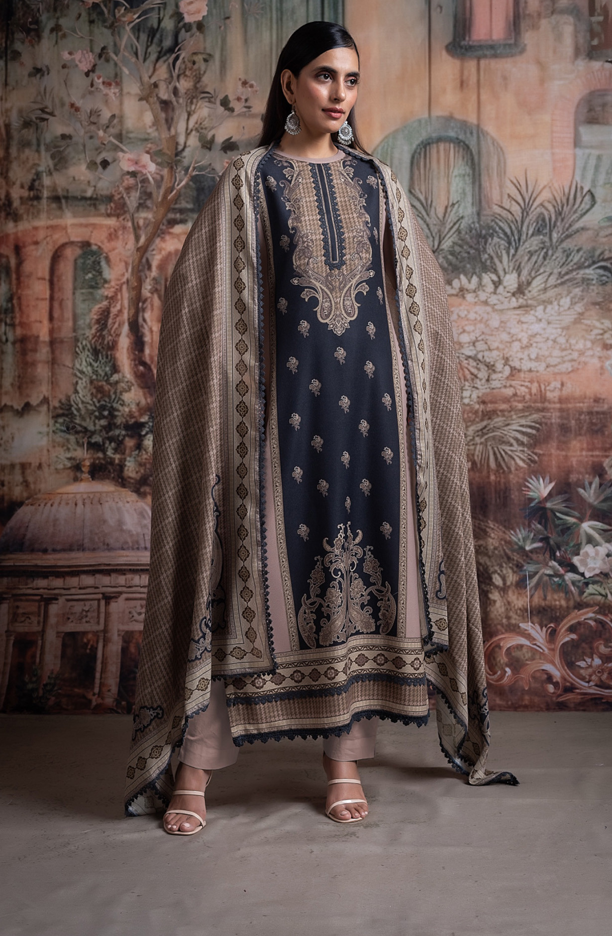 Coffee Pashmina Digital Printed Suit set with Dupatta- CHA2031B