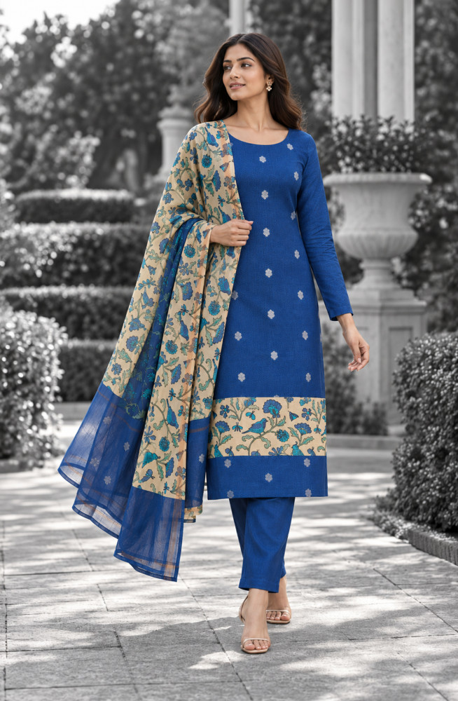 Image of Blue Maheshwari Unstitched Suit-Set with Dupatta - 811-S151-1213-17B