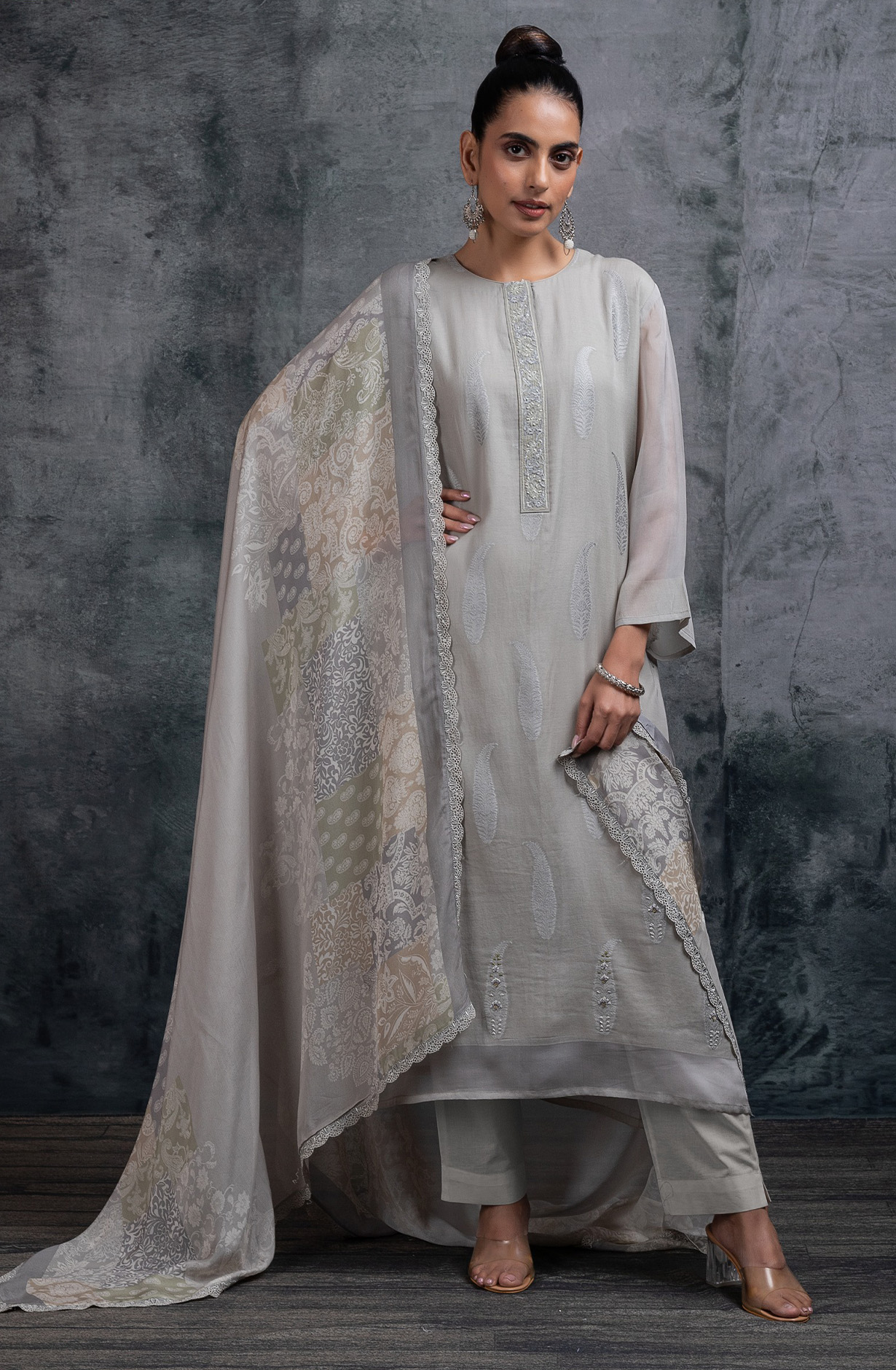 Grey Mul Chanderi Jacquard  embroidered Suit Set with Dupatta - R157-SPR2661A