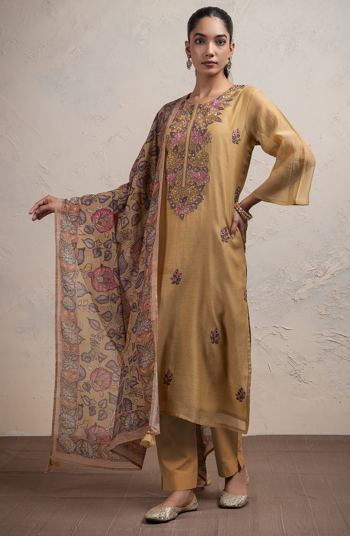 Mustard Mul Chanderi embroidered Suit Set with Dupatta - R157-SPR2709