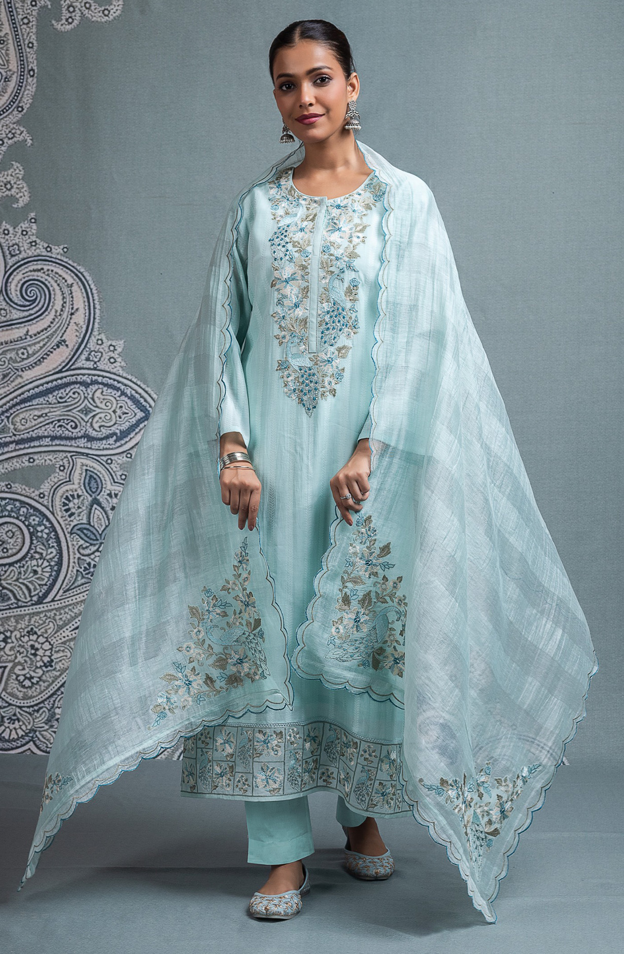 Blue Mul Chanderi Jacquard embroidered Suit Set with Dupatta - R157-SPR2694
