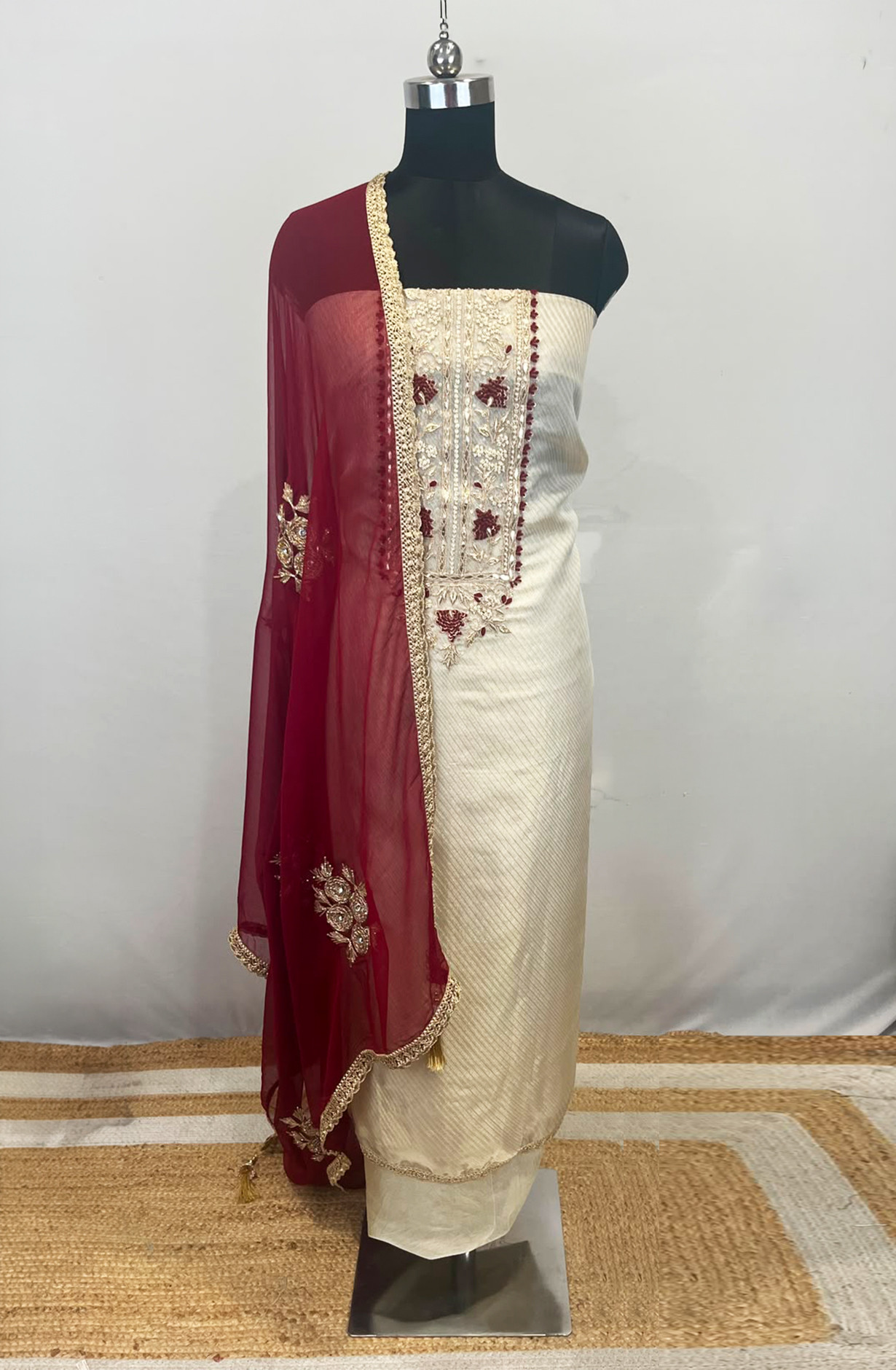 Beige  Shimmer Unstitched Suit Set with Beautiful Maroon Dupatta - 693-AGJ50558