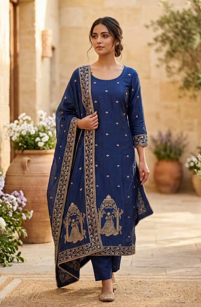 Image of Blue Silk Unstitched Suit Set with Beautiful Dupatta - 693-JFJ944