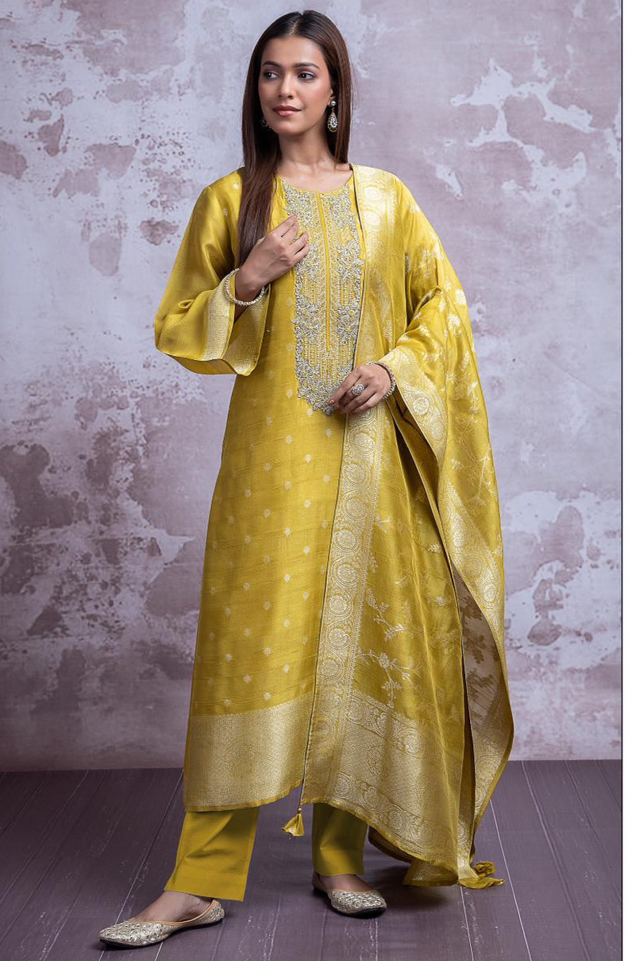 Yellow silk Jacquard Suit Set with Dupatta - R157-SPR2355A