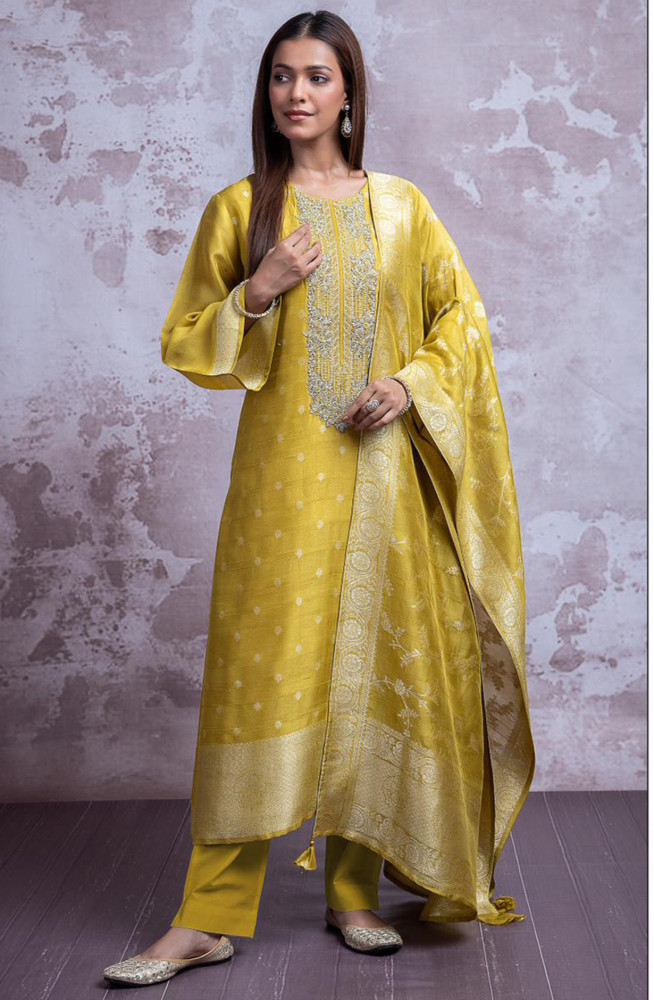 Image of Yellow silk Jacquard Suit Set with Dupatta - R157-SPR2355A