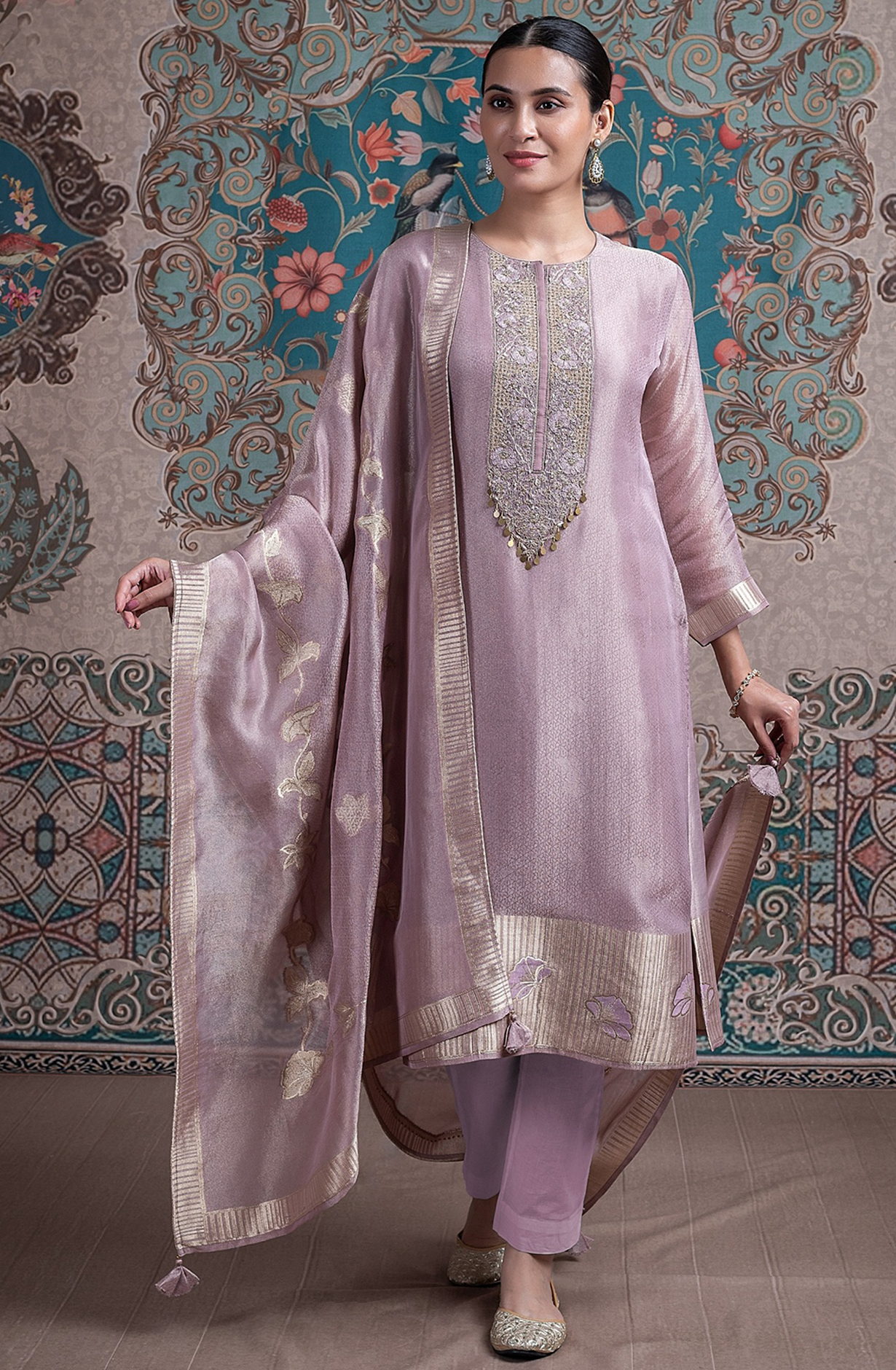 Mauve silk tissue Jacquard Suit Set with Dupatta - R157-SPR2357A