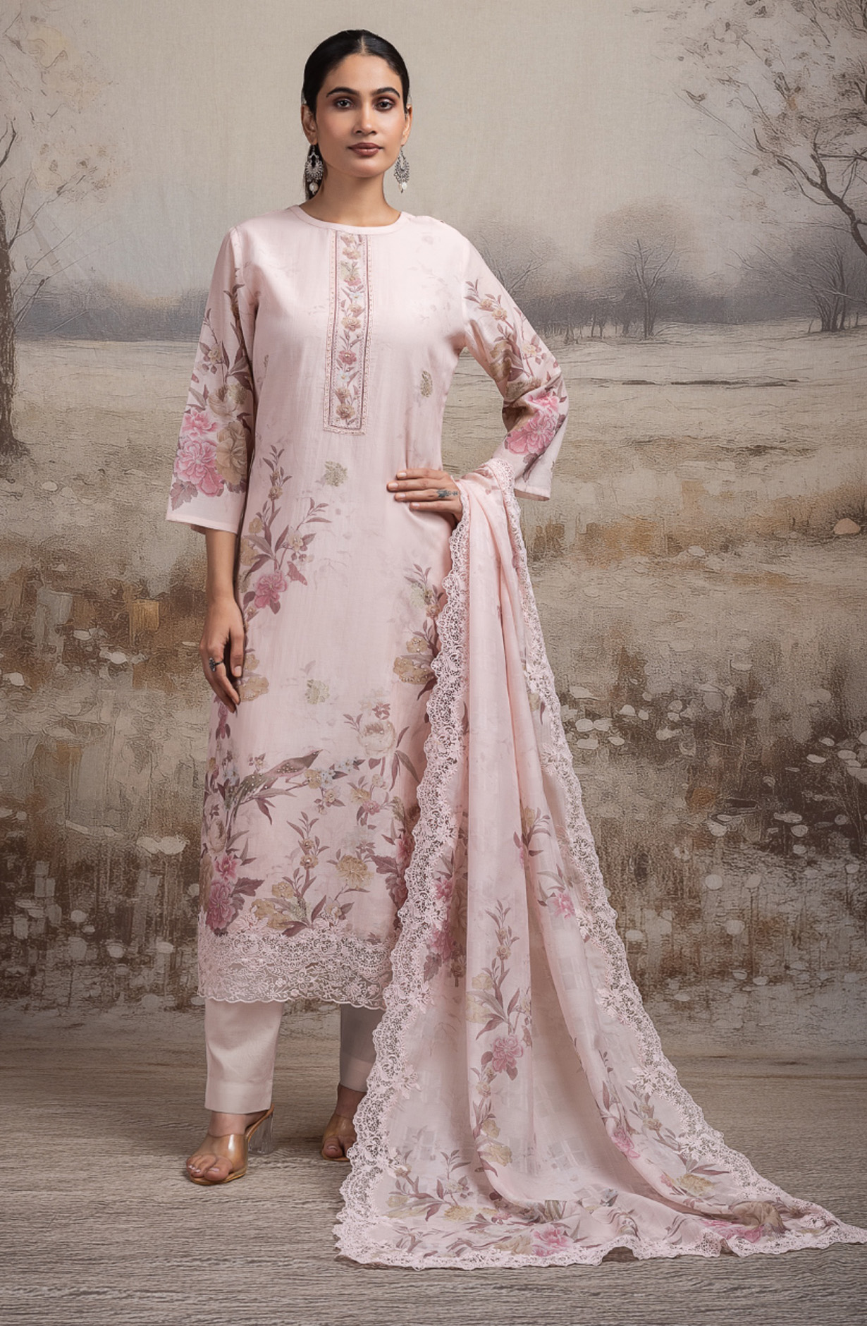 Pink Pure mul chanderi beautiful Suit Set with Dupatta - ROSNT144A