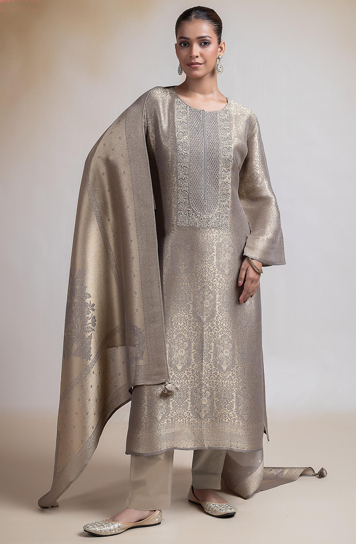 Golden silk tissue Jacquard Suit Set with Dupatta - R157-SPR2387A