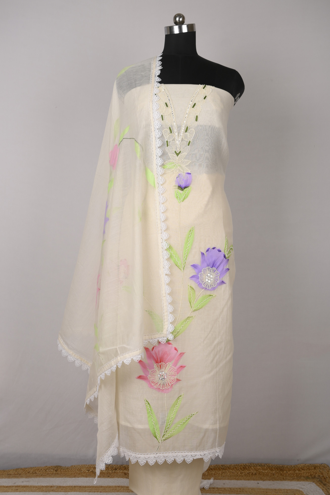 White Mul Cotton Beautiful Suit Set with Dupatta - 1001-AL1022B