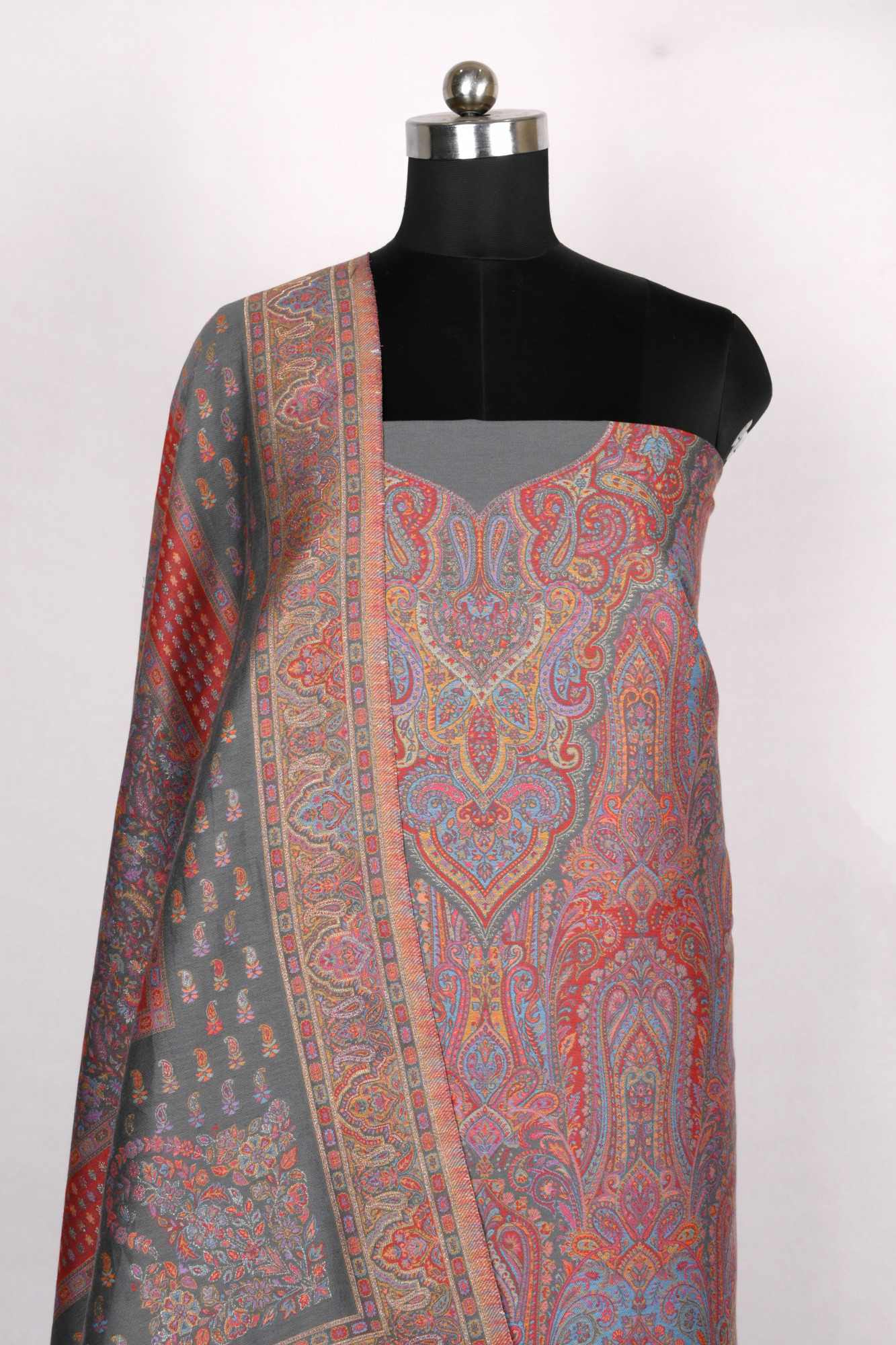 Grey Pashmina Suit set with Pashmina Dupatta- 1000-0455C