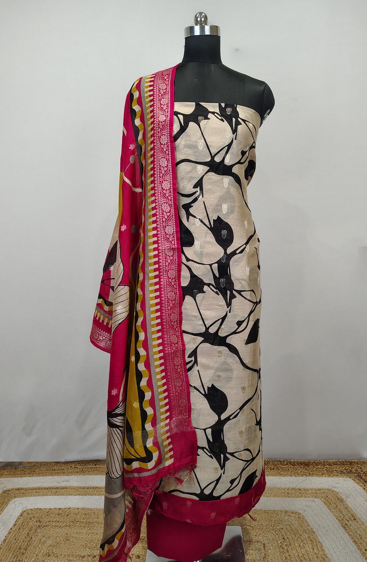 Beige Beautiful Maheshwari Unstitched Suit with Dupatta - 1028-CHNTRS1102