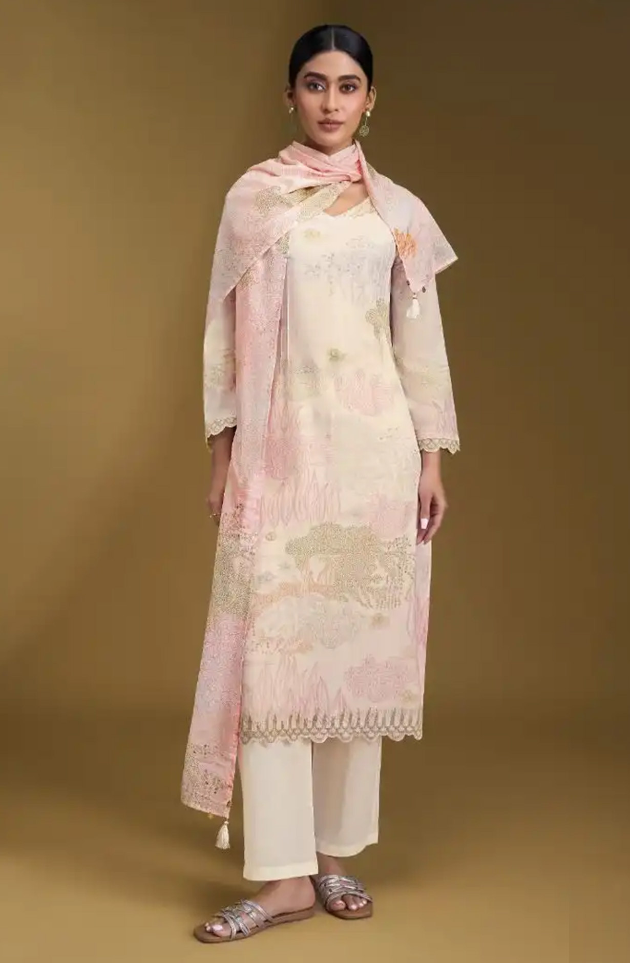 Off- White Mal Chanderi Silk Suit set with Dupatta - SRU12021B