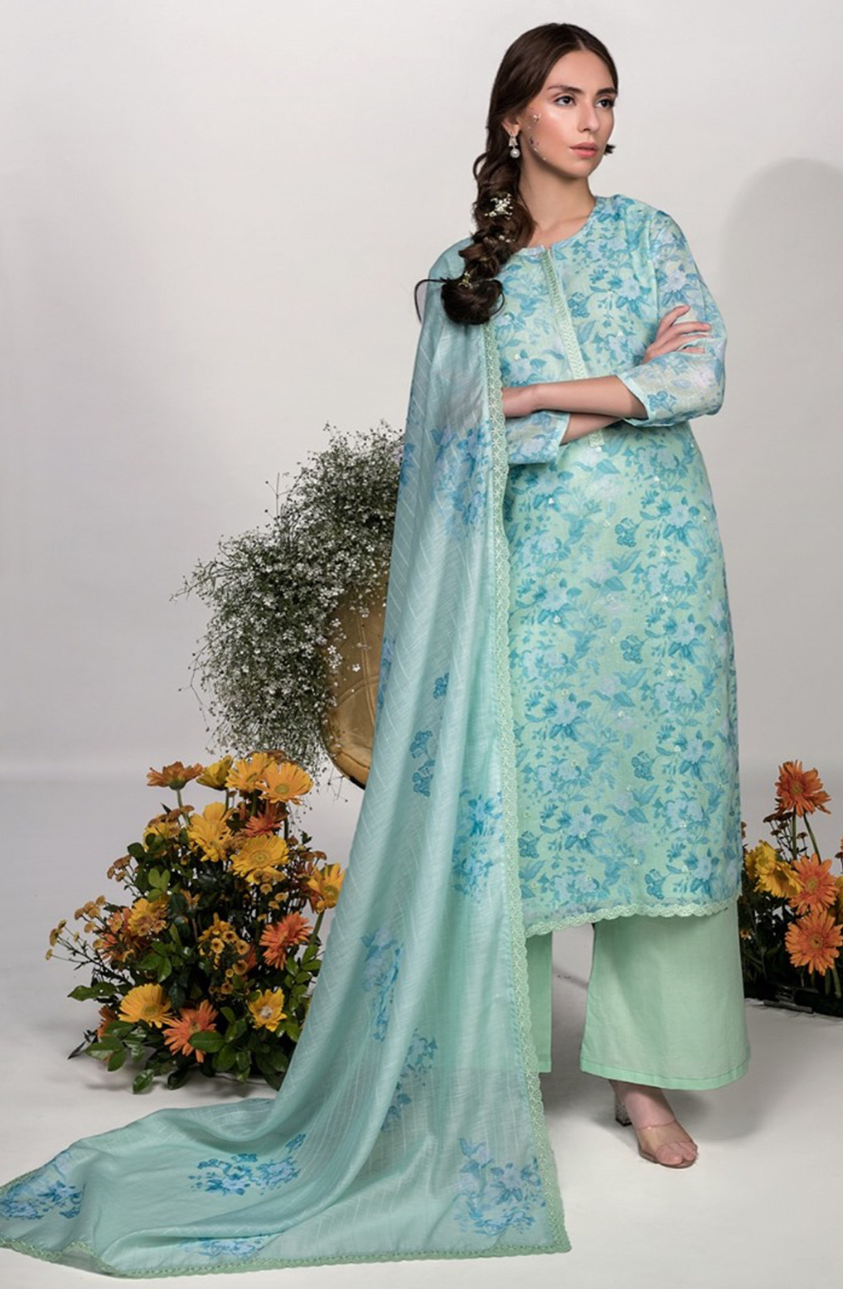 Sea Green Linen Digital Printed beautiful Suit Set with Dupatta - MOG9982A