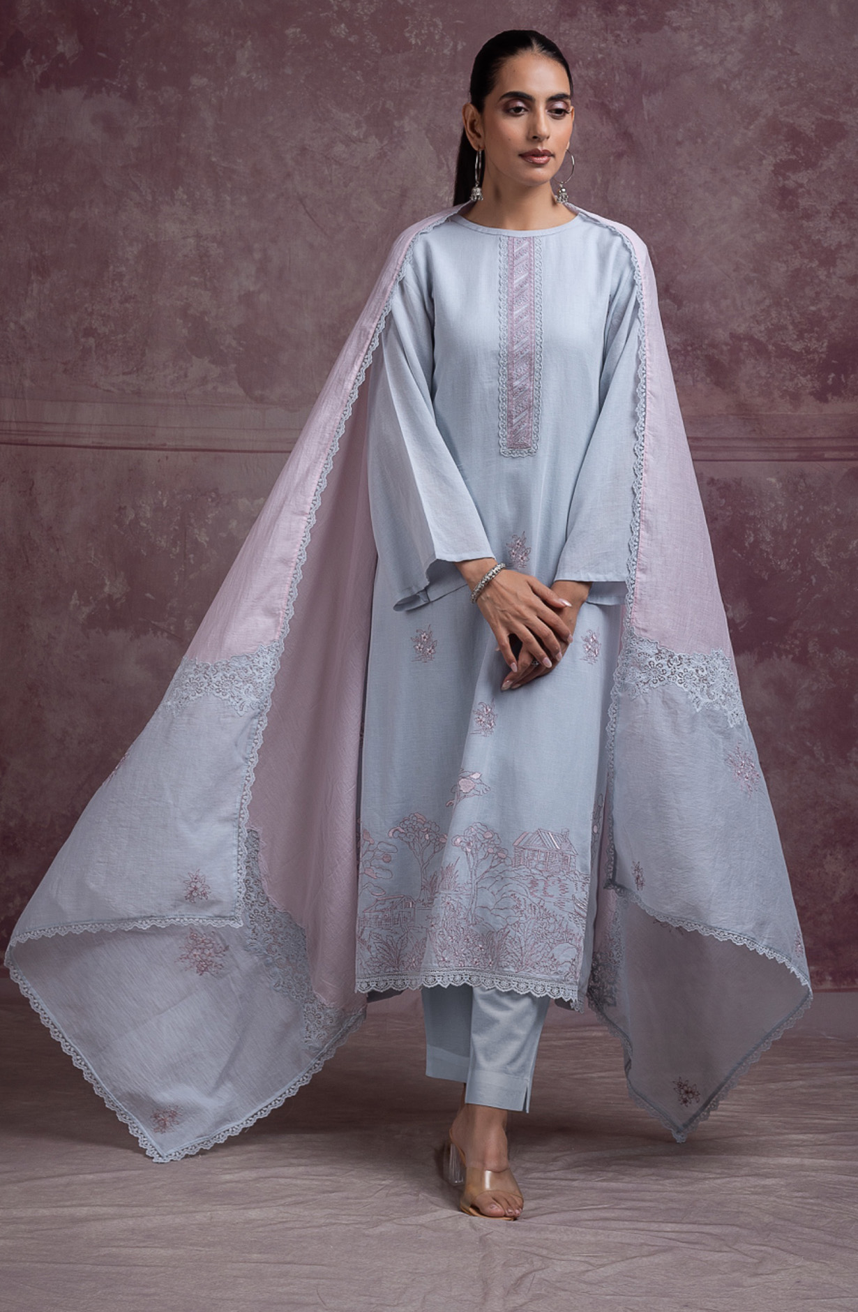 Firozee pure cotton linen embroidered beautiful Suit Set with Dupatta - ALANT168B