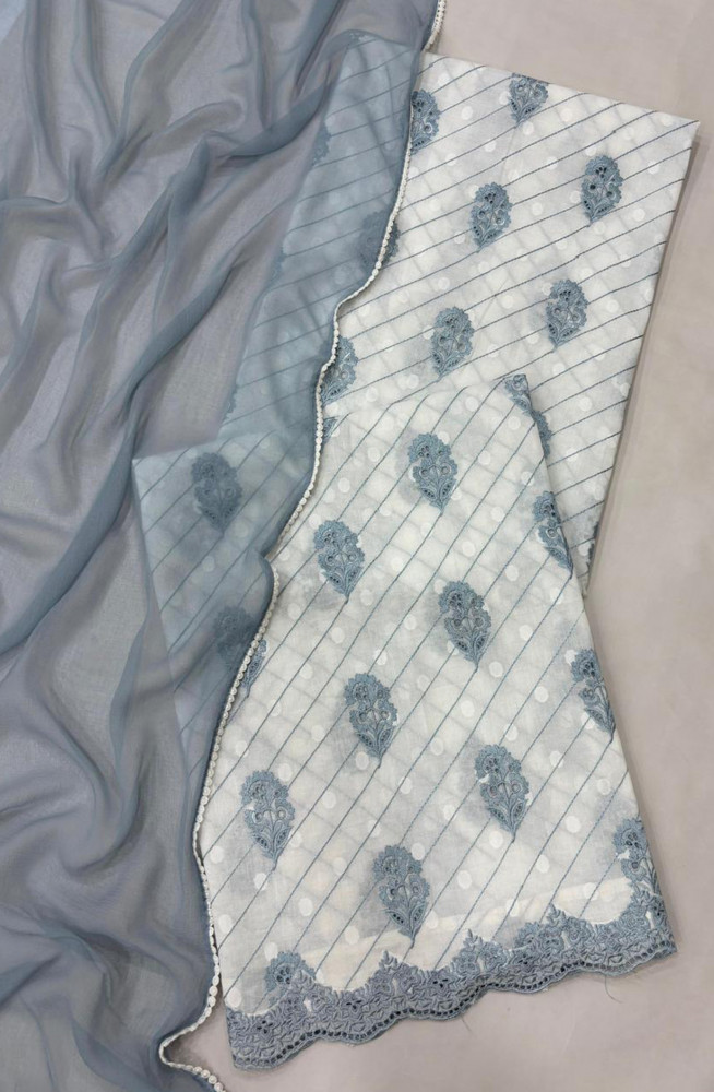 Image of Blue pure cotton unstitched beautiful Suit Set with Dupatta - SAHNT120B