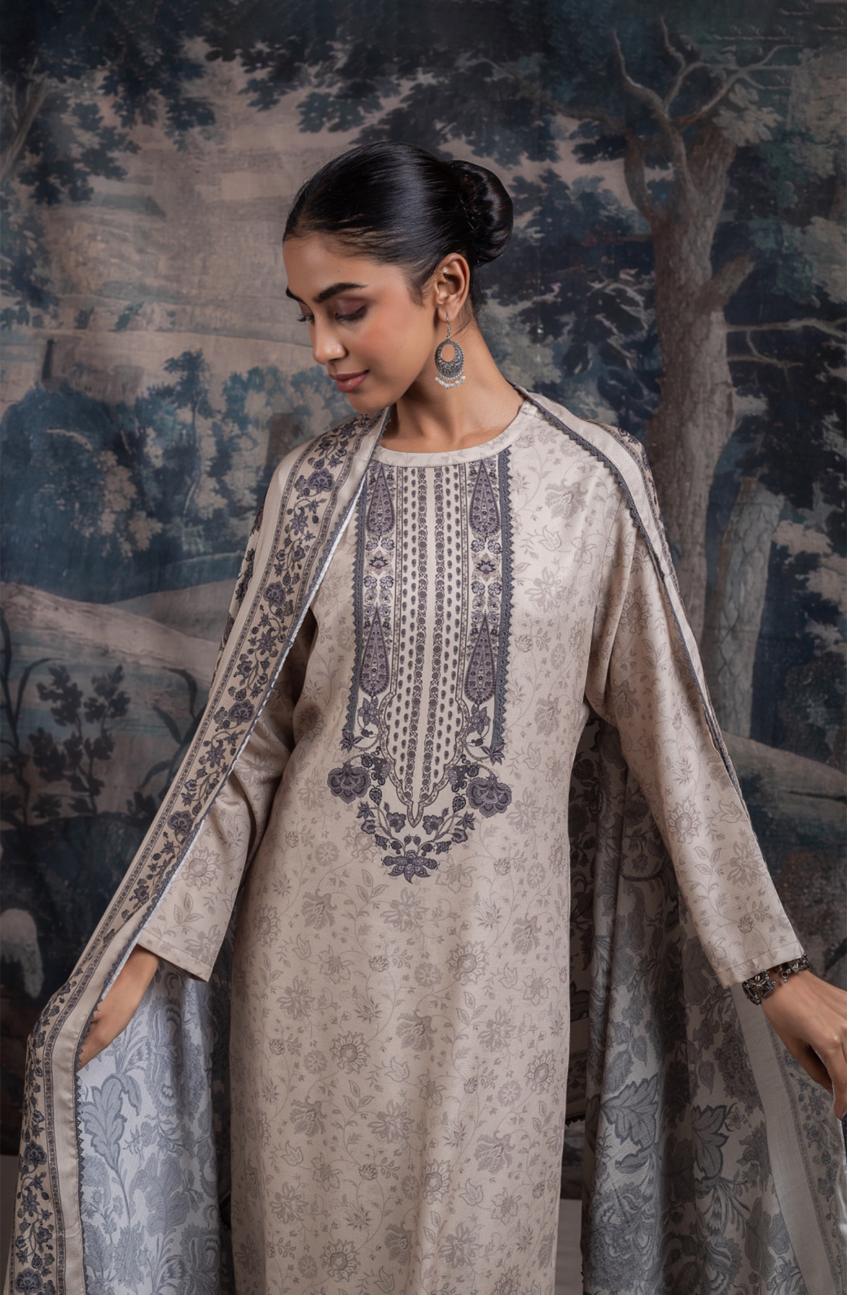 Grey Pashmina Digital Printed Suit Set with Dupatta - RUA2125A