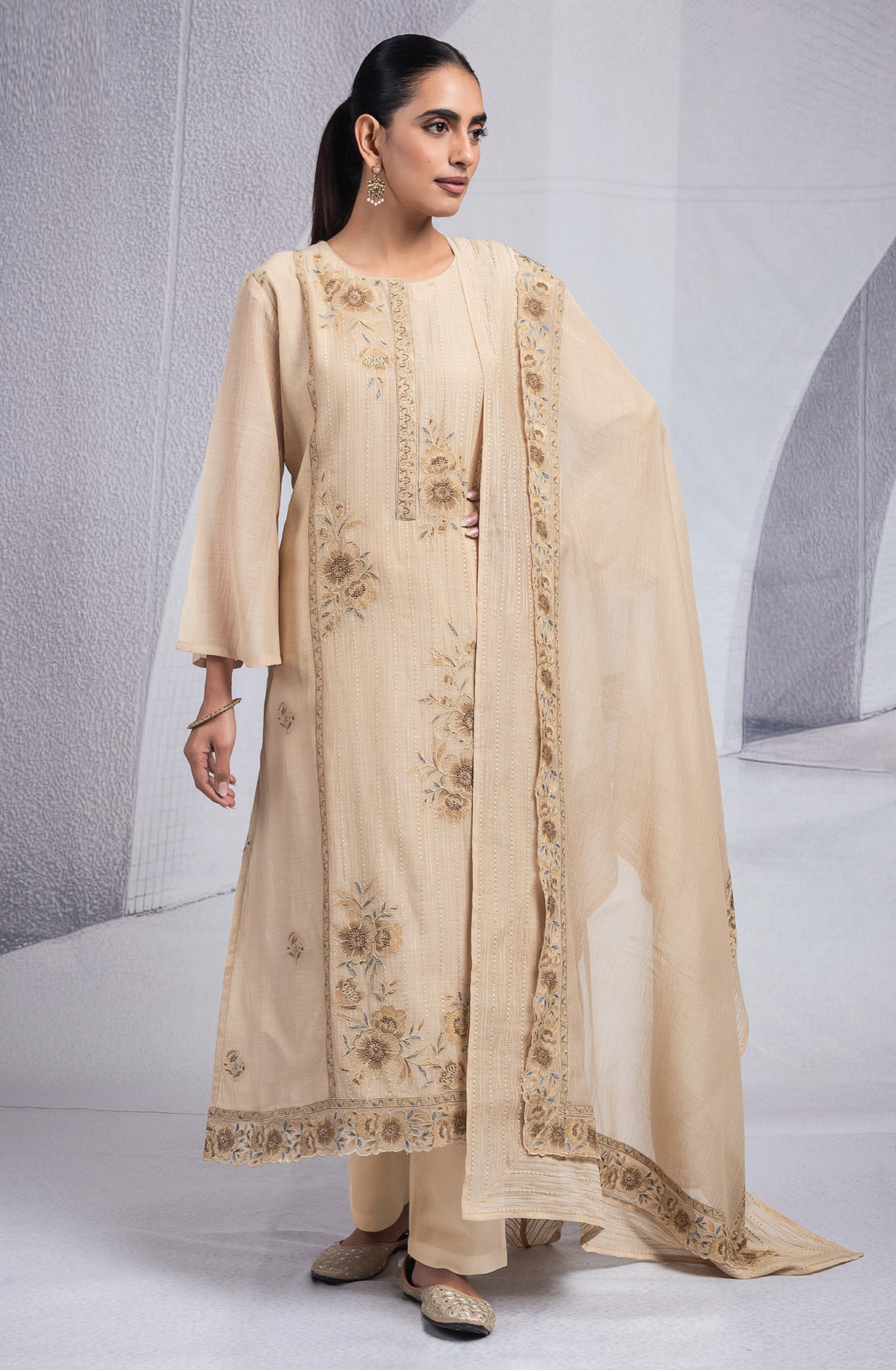Beige Pure Mul Chanderi Suit Set with Dupatta - R157-SPR2573B