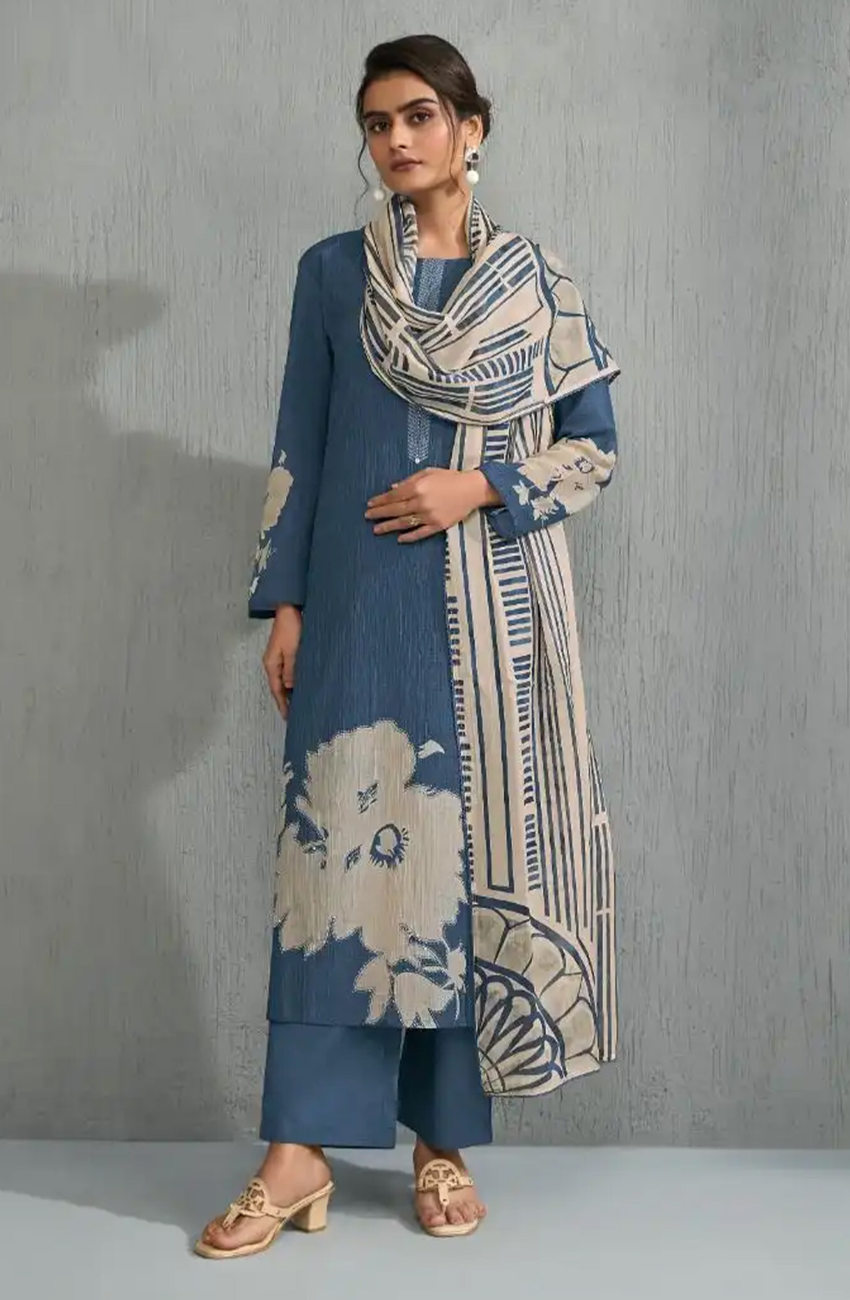 Blue Silk Chanderi Silk Suit set with Dupatta - TIV13021A