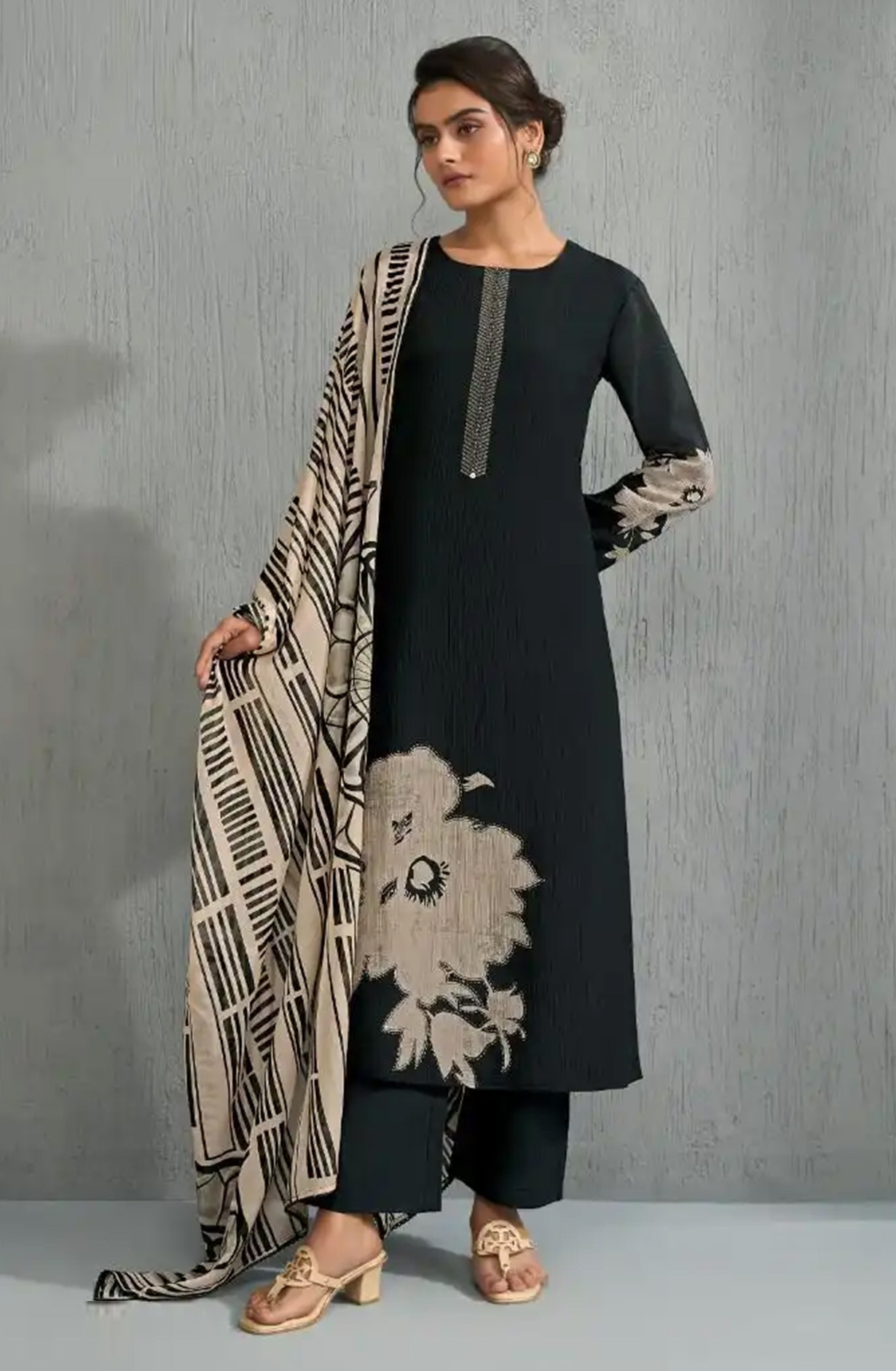Black Silk Chanderi Silk Suit set with Dupatta - TIV13021C