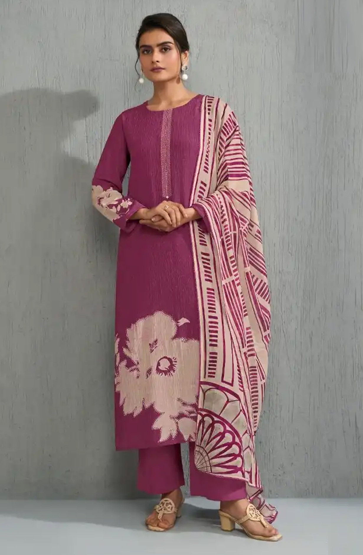 Pink Silk Chanderi Silk Suit set with Dupatta - TIV13021D