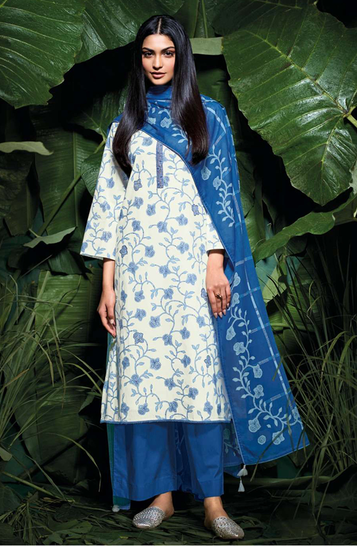 Blue premium cotton Unstitched Suit Set with Dupatta - IRIAS4530C